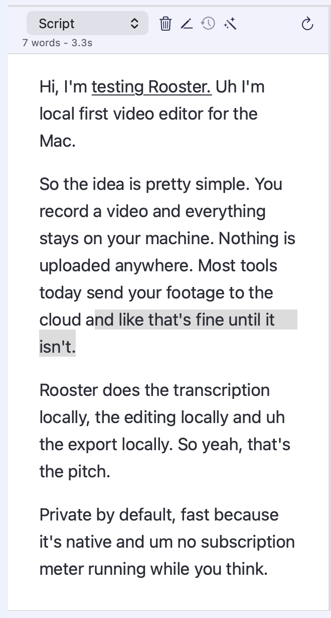 Rooster's transcript pane. Seven words are selected across a line break, and the pane header reads 7 words - 3.3s.